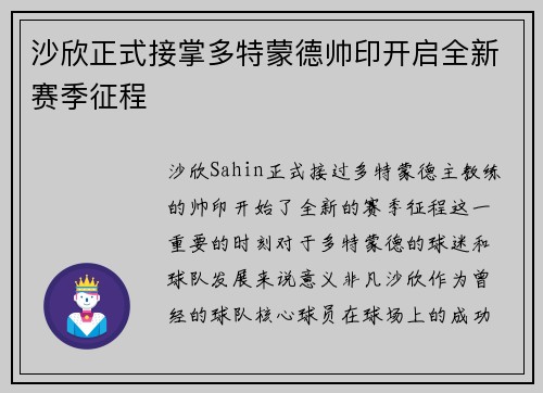 沙欣正式接掌多特蒙德帅印开启全新赛季征程 沙欣正式接掌多特蒙德帅印开启全新赛季征程
