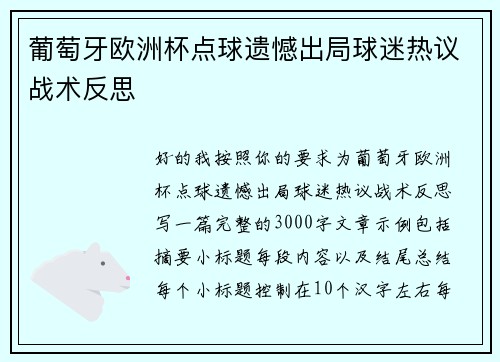 葡萄牙欧洲杯点球遗憾出局球迷热议战术反思